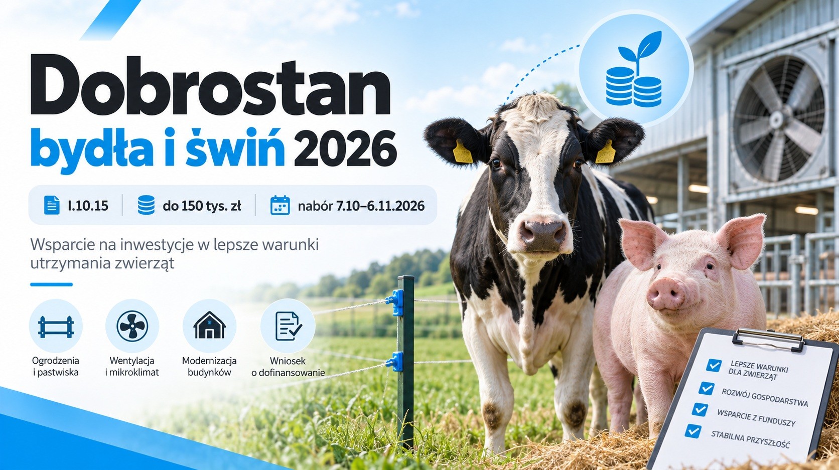 Dofinansowanie na dobrostan bydła i świń 2026 – do 150 tys. zł. I.10.15 ARiMR