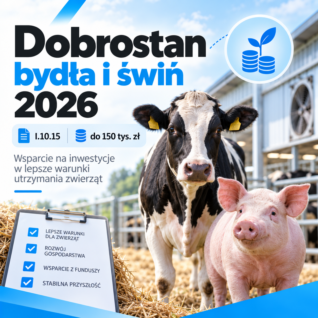 Dofinansowanie na dobrostan bydła i świń 2026 – do 150 tys. zł. I.10.15 ARiMR